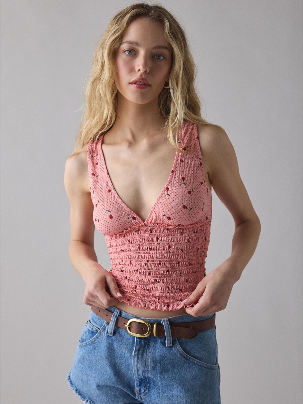 Kimchi Blue Betty Plunging V-Neck Smocked Tank Top